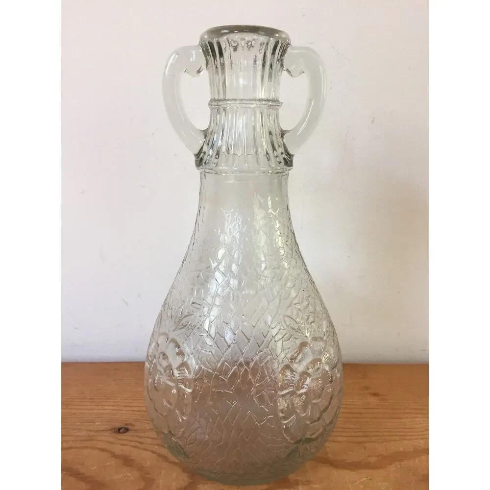 Vintage Pressed Glass Double Handle Floral Wine Decanter Bottle Candlestick 9